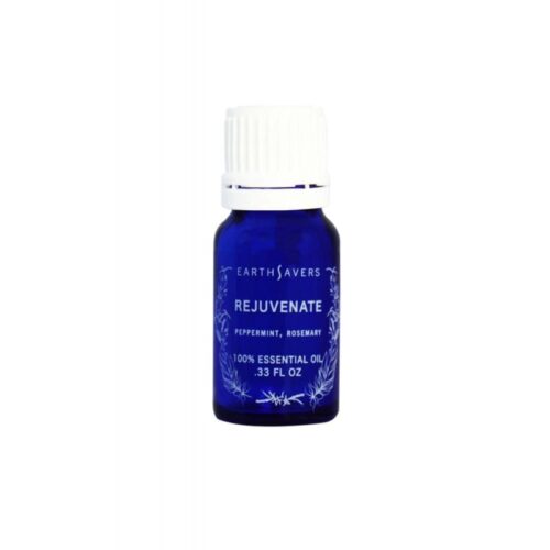 rejuvenate essential oil in a blue glass bottle with a white cap.