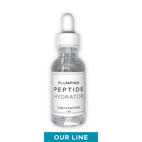 One ounce dropper bottle of plumping peptide hydrator. Bottle is clear and hydrator is a clear gel solution with blue spheres.