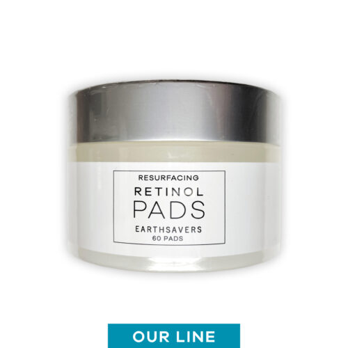 Resurfacing Retinol Pads in a plastic jar with a silver screw top lid with a white rectangular label.