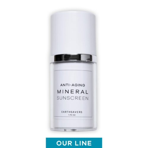 Anti Aging Mineral Sunscreen in a white pump top tube with a rectangular label.