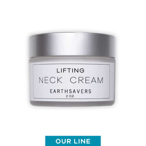 Lifting Neck Cream in a jar with a silver screw top lid and a white rectangle.
