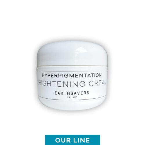 Hyperpigmentation Brightening Cream in a white jar with a screw top lid with a rectangle shaped label.